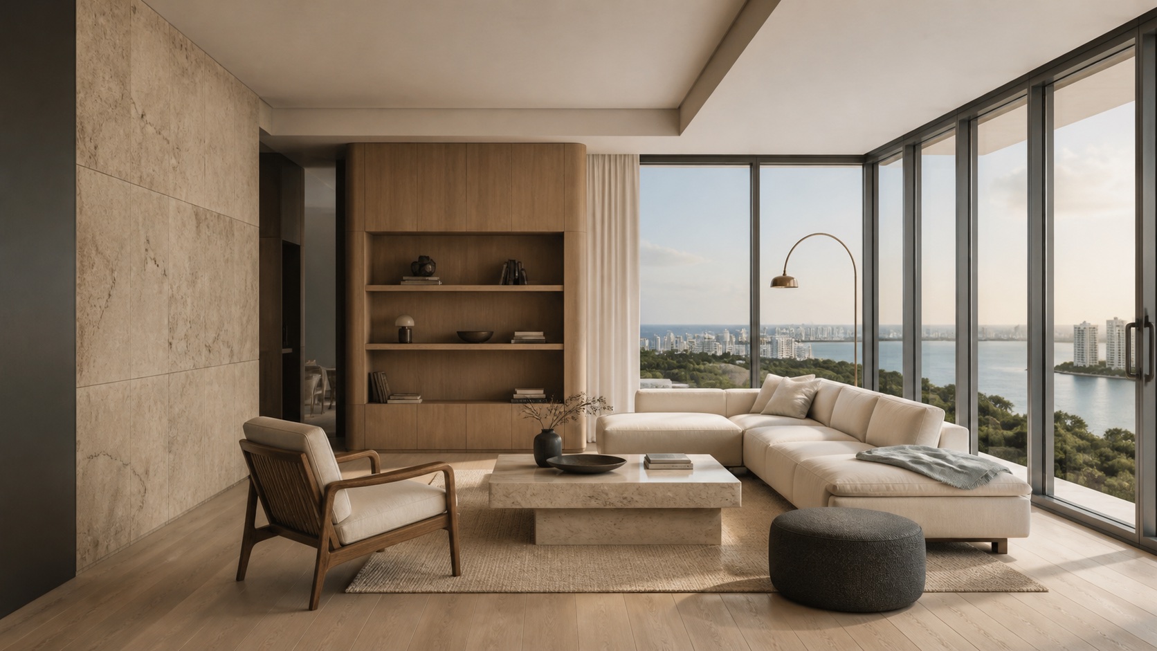 Coastal modern luxury Miami condo living room renovation design concept