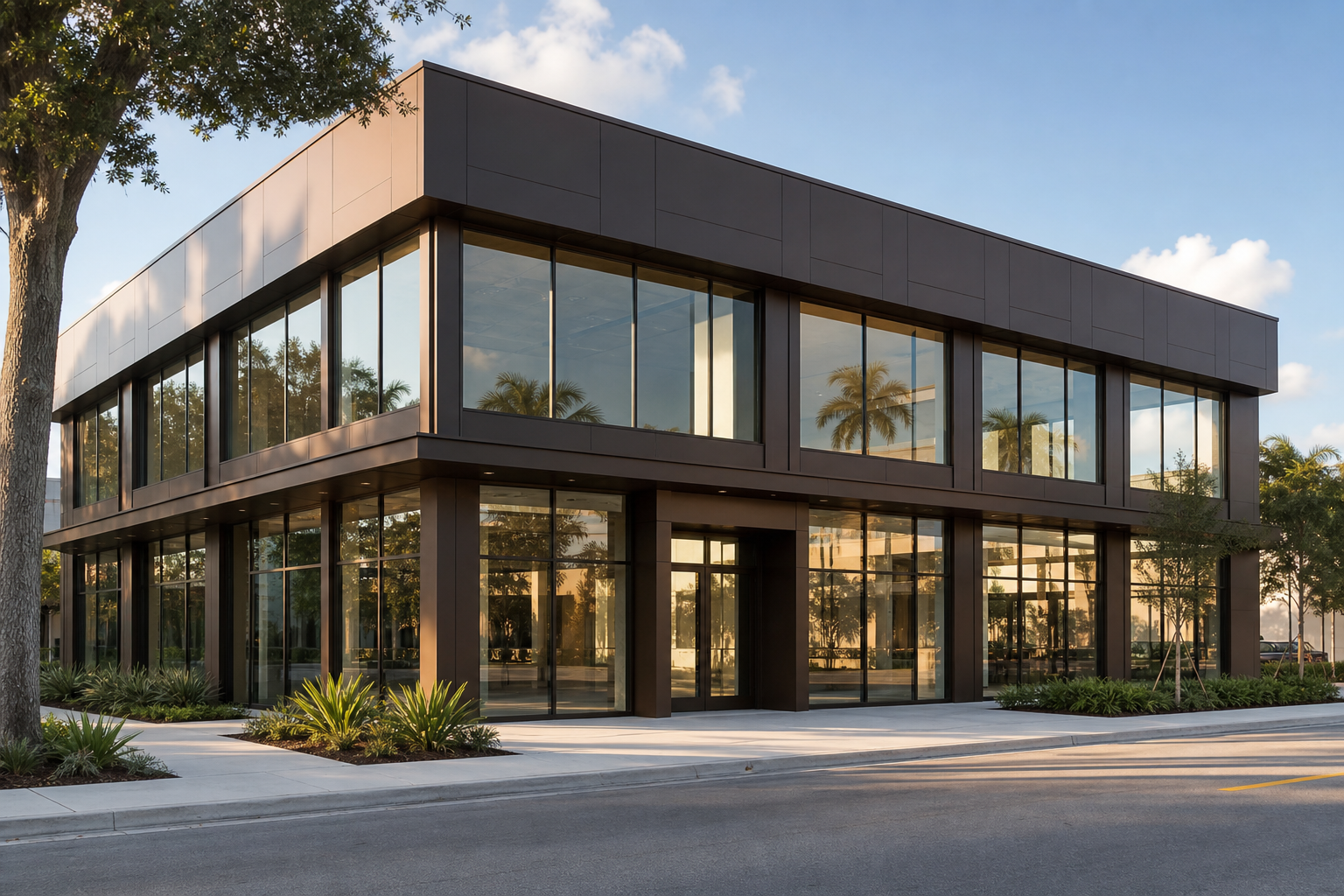 Commercial exterior renovation visualization of a two-story Fort Lauderdale building with chocolate metal panels and large windows